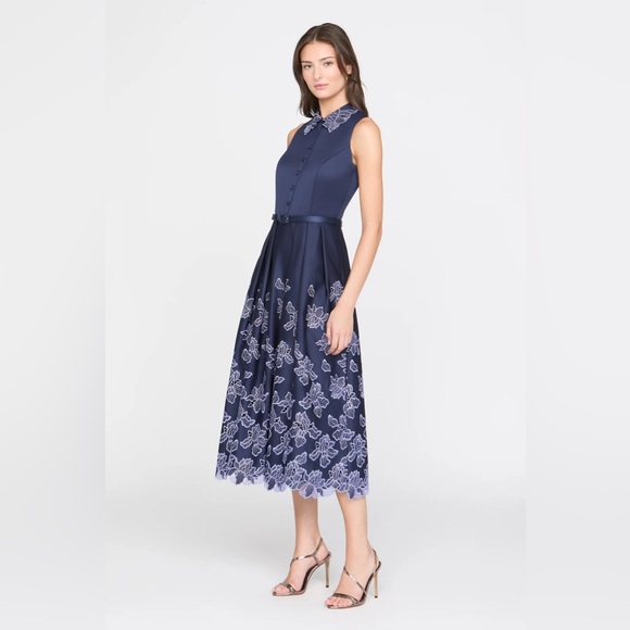 Theia Dresses & Skirts - Theia Merisel Navy and White Floral-Embroidered Midi Dress